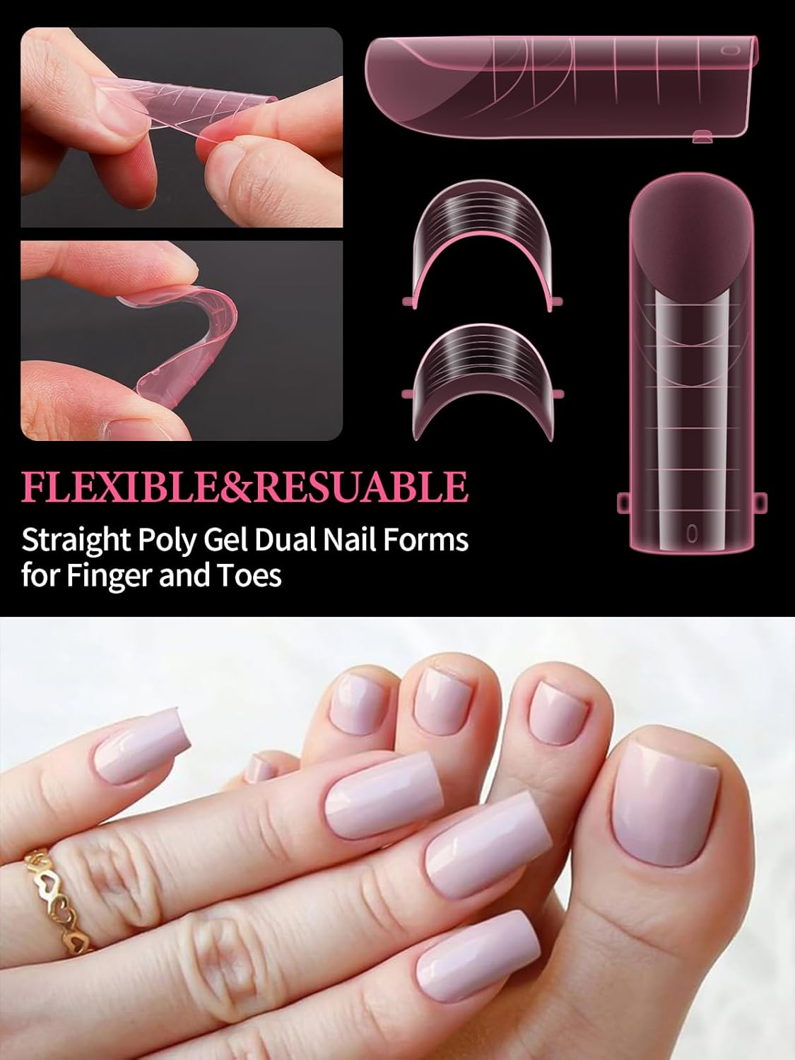 Poly Gel Dual Nail Forms for Finger and Toes, EBANKU Long Square Pink Flat Nail Molds Extension Tips Reusable for Women, 120Pcs 12 Sizes
