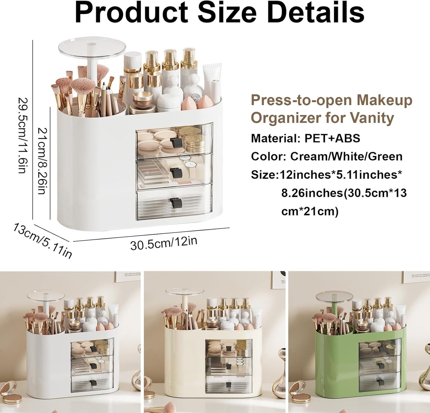 DASITON Makeup Organizer with 3 Drawers,Automatic Lifting Makeup Brush Holder with Lid,Large Capacity Makeup Organizers for Vanity,Bathroom Countertop,Ideal Storage Skin Care,Brushes,Lipstick (White)