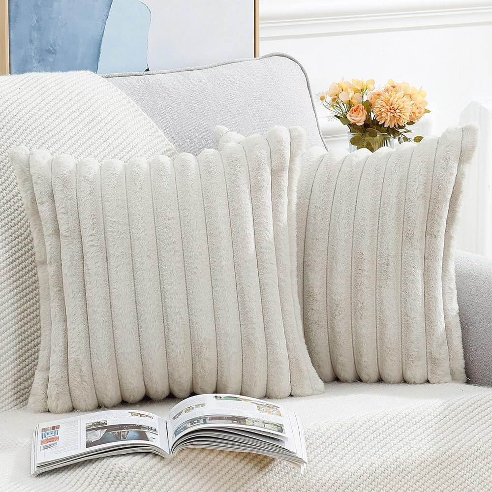 MADIZZ Set of 2 Faux Wool Plush Decorative Throw Pillow Covers 26x26 Inch Greyish White Fluffy Striped Soft Decorative Cushion Cover for Sofa Bedroom Pillow Shell