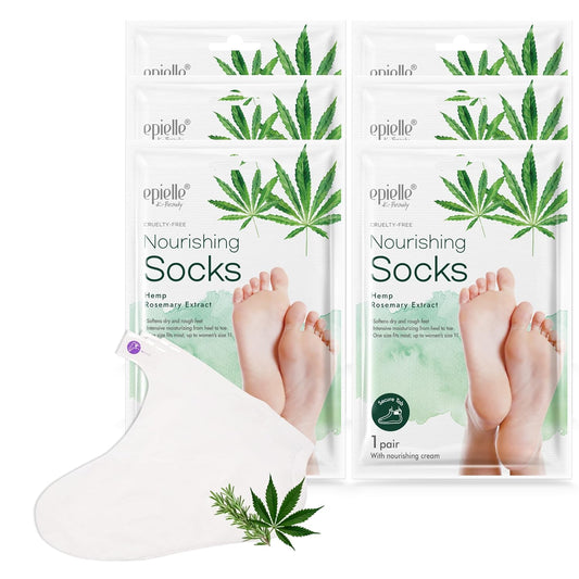 Epielle Nourishing Foot Masks 6 Pairs, Deep Moisturizing Socks for Dry Feet & Cracked Heels, Repair and Nourish with Hemp & Rosemary Extract, Foot Spa & Self Care Gifts for Women, Korean Skin Care