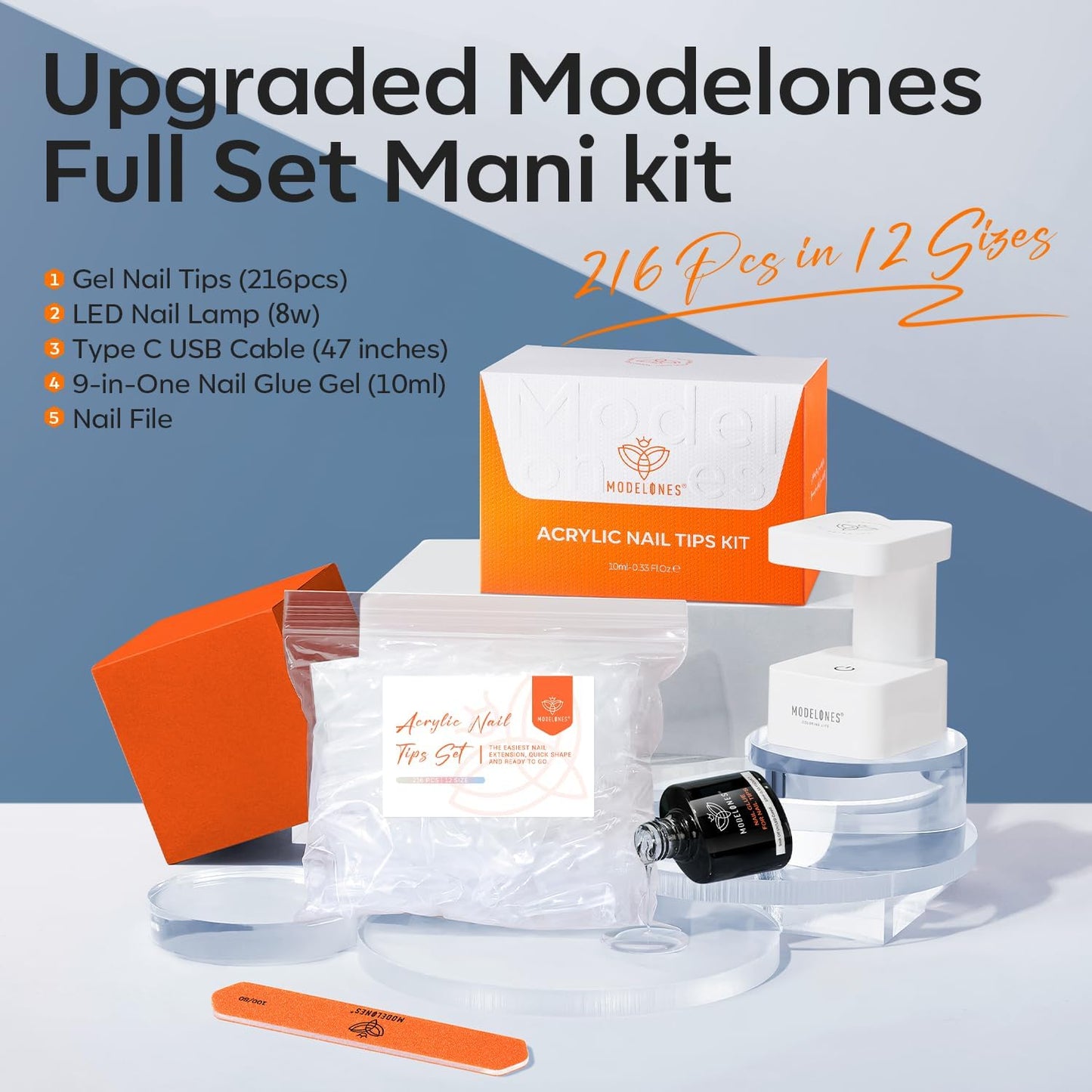 modelones Medium Almond Gel Nail Tips Kit, 9-in-One Nail Glue with Portable U V Lamp 216Pcs 12Sizes Pre-Etched Press ons Fake Acrylic Extension Kit DIY Salon Gift for Women