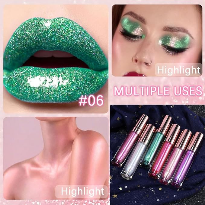GECOMO Colorful Explosive Pearlescent Lip Gloss 3D Multifunctional Fine Glitter Chameleon Lip Gloss Polarized Diamond Makeup,Magic Big Brush Color Changing Lip Oil(106# COLORFUL GREEN FLASH)