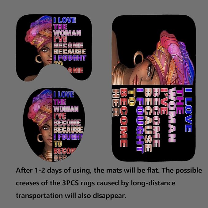 4PCS African American Shower Curtain Set, Black Shower Curtain, Black Girl Magic Afro Girl Black Pride Melanin Queen Black Women Bathroom Decor, Non-slip Bath Mat Inspirational Gifts for Women