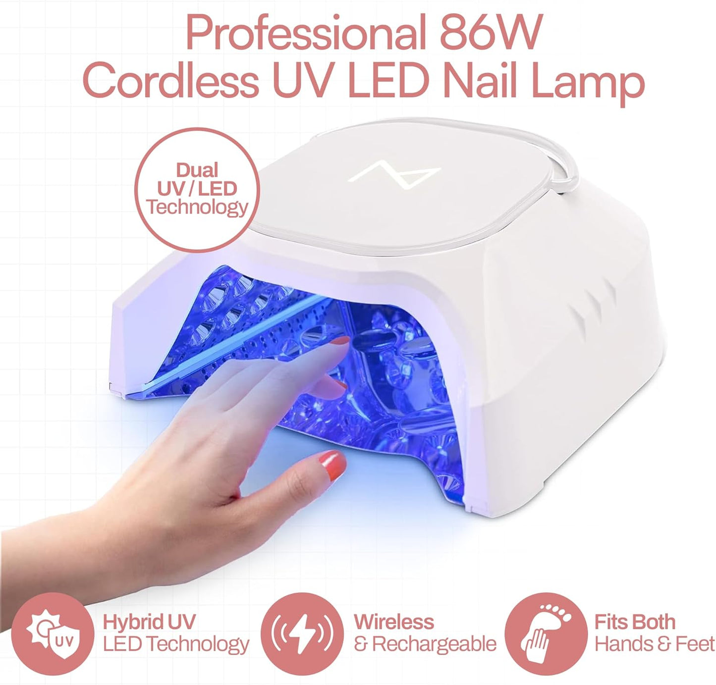 M - GlowPro Professional Hybrid 86W Wireless Rechargeable UV LED Nail Curing Lamp Cordless Nail Dryer for Gel Nails, Manicure, Pedicure (Pink)