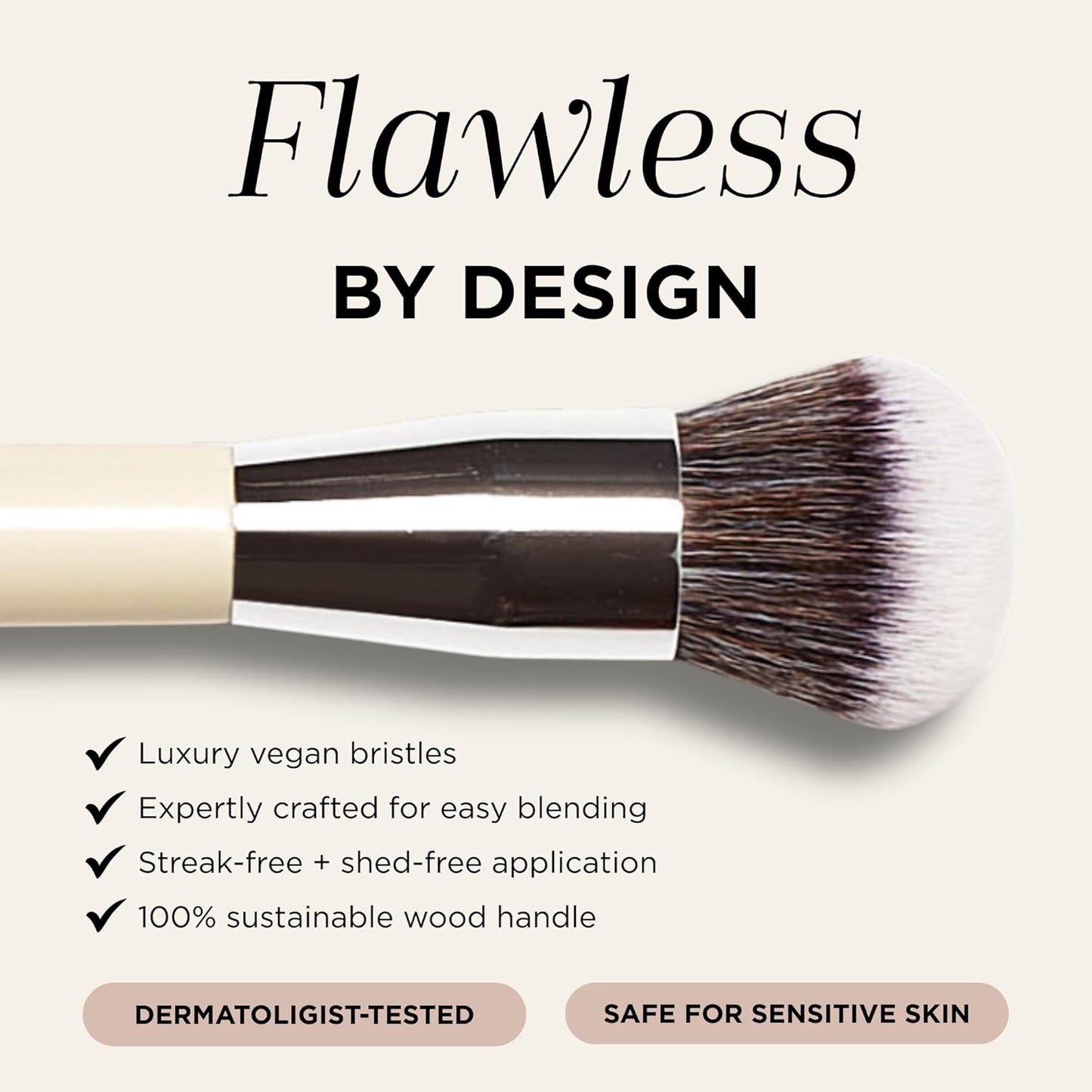 HALEYS Kabuki Makeup Brush VEGAN+CRUELTY-FREE, Sustainable Wood, Vegan Bristles for Airbrushed Finish, For Creams, Liquids, Powder, Streak-free, Perfect Blending, Buffs, Blurs, Smooths with Control