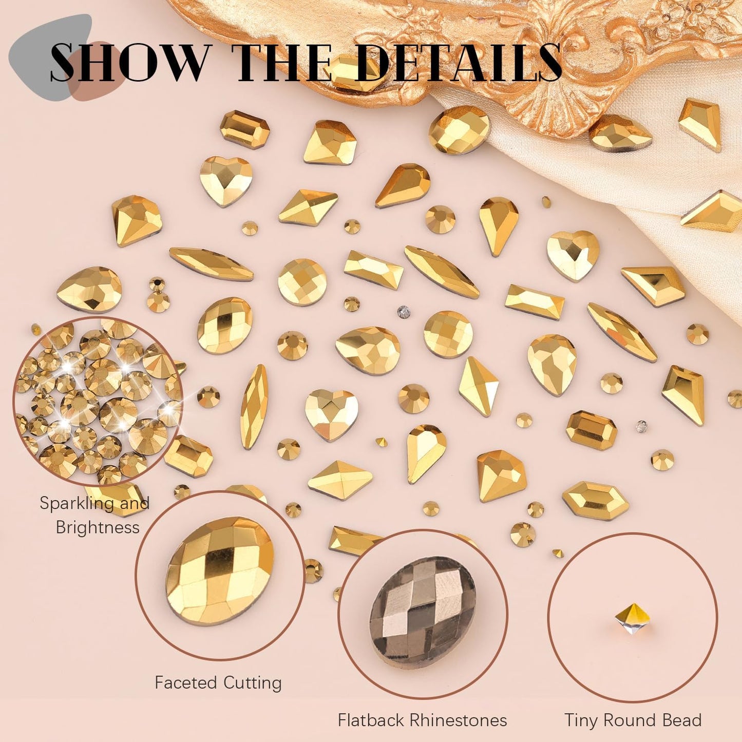 2680Pcs Mineral Gold Glass Nail Rhinestones 120Pcs Multi Shapes Flatback Nail Gems + 2560Pcs 1.5-4mm Round Crystal with Rhinestones Glue Gel, Manicure Nail Charms Diamond Gemstone for Nail Art