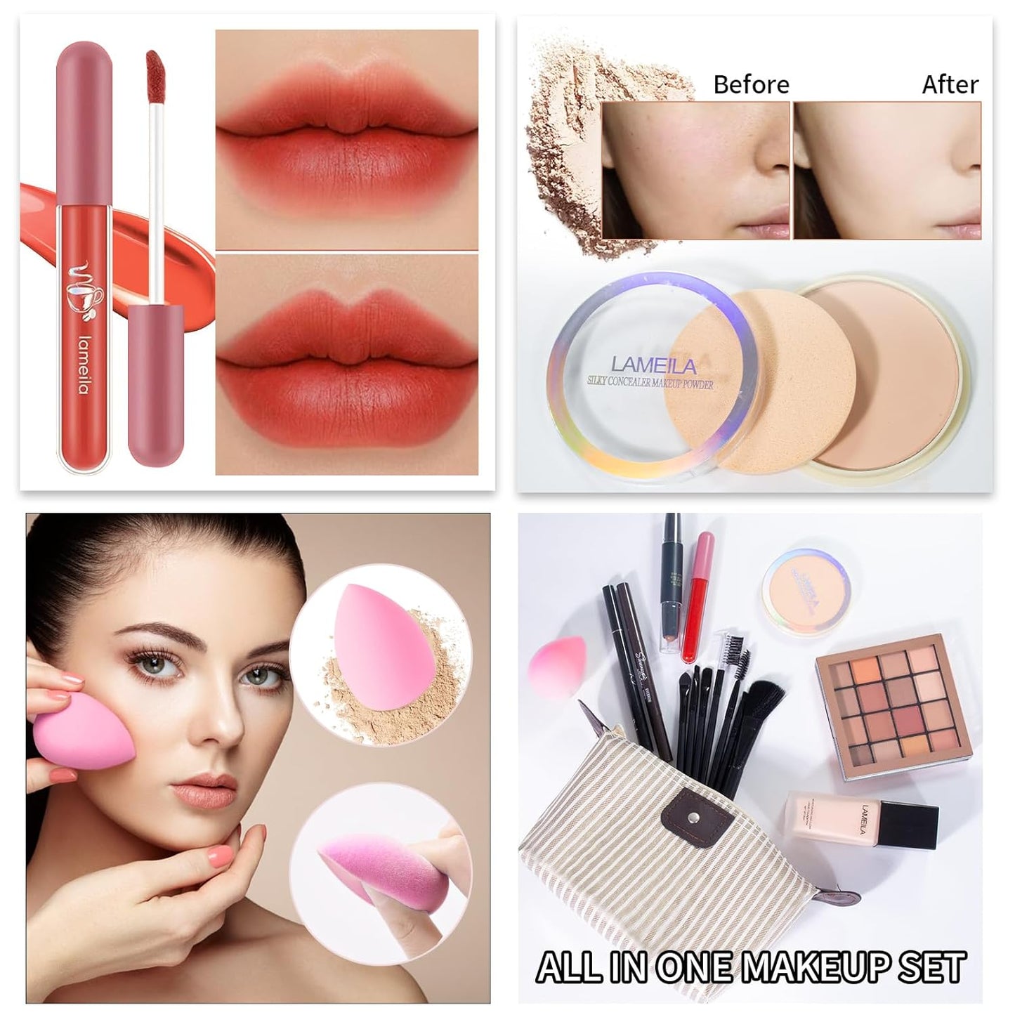 Makeup Set Full Kit for Girls Teens Women, Makeup Present Set, Includes Eyeshadow, Foundation, Mascara, Face Blusher, Eyebrow Pencil, Eyeliner, Brushes, Lip Gloss, Sponge, Cosmetic Bag