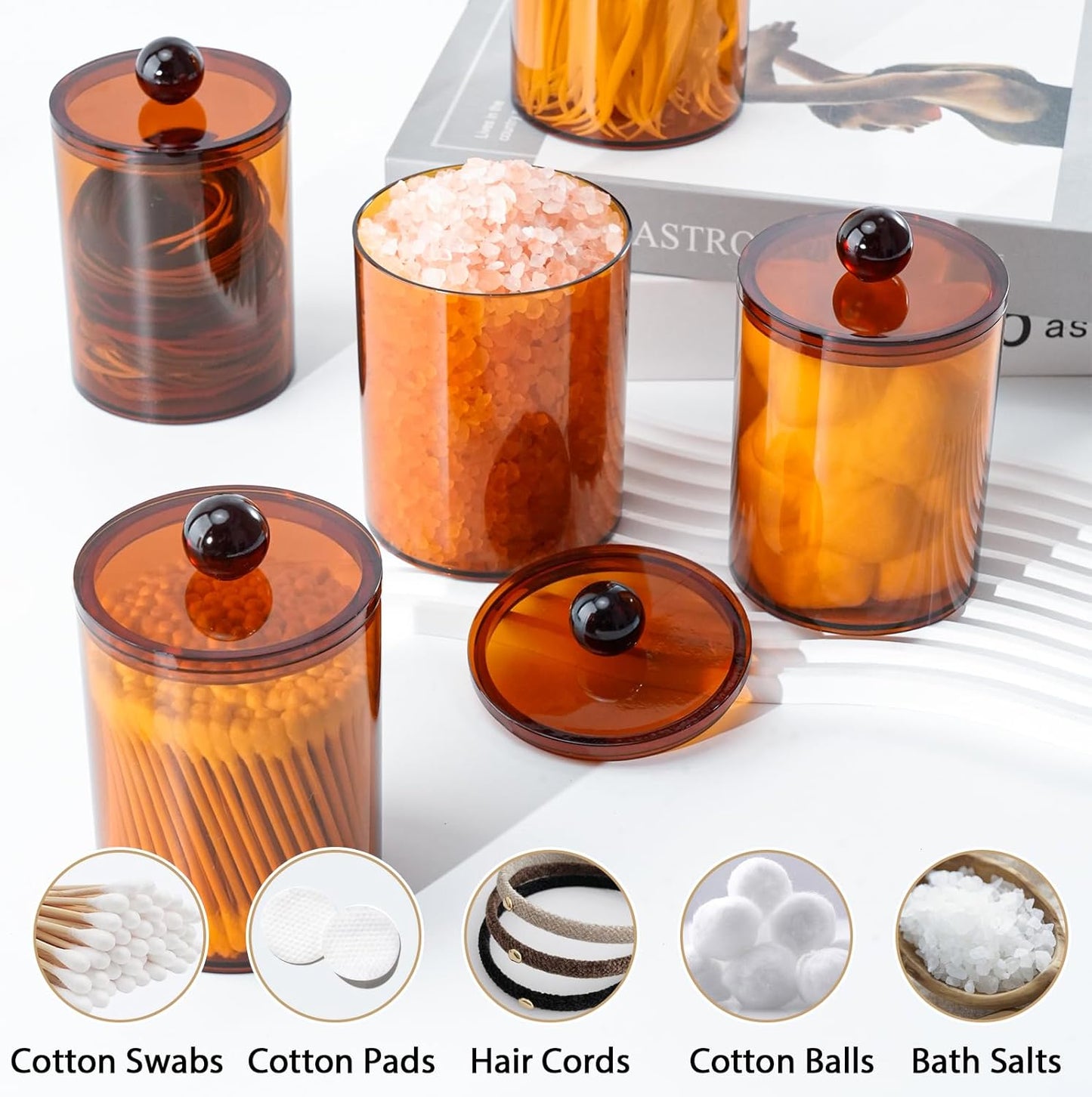 4 Pack Qtip Holder,Canister Apothecary Jar Set, Bathroom Jars with Lids Set for Cotton Swabs, Balls, Pads, Floss Picks,10oz-12oz Plastic Canisters Restroom Bedroom Vanity Organizer(Brown)