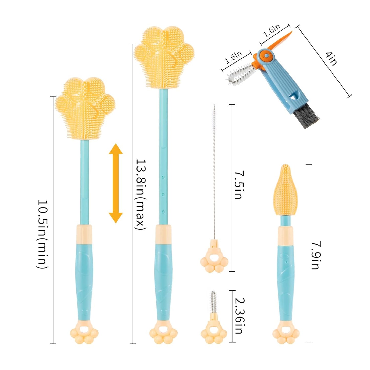 Adjustable Handle Length 10.5-13.8in Water Cup Cleaner Bottle Brush, Silicone Baby Bottle Brush, Pot Brush Cleaner, Blue