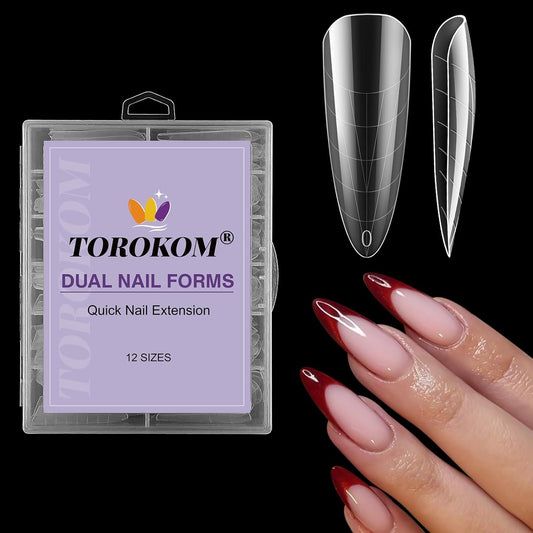 TOROKOM Nail Dual Forms for Poly Nail Gel, 120Pcs Stiletto Extension Gel Nail Molds Clear Acrylic Nail Tips, Full Cover Reusable Nail Forms for Builder Nail Gel Nail Art Design Salon&DIY