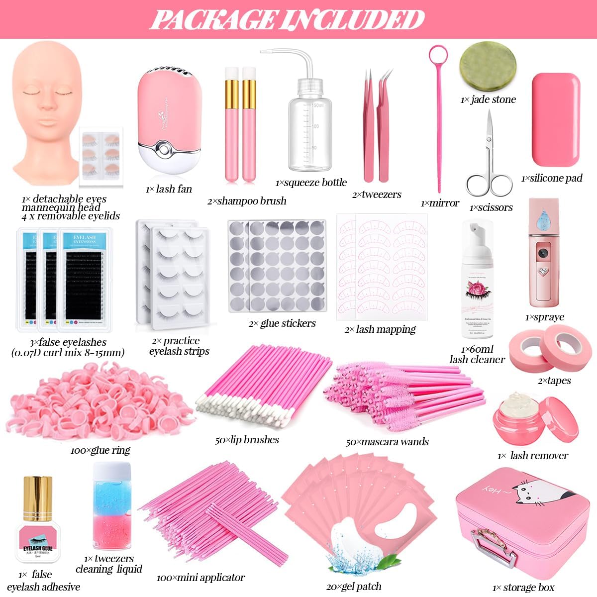 Lash Extension Kit Eyelash Practice for Beginners Professional Set with Mannequin Head Removable Eyelids USB Fan Spraye Individual False Lash Eyelash Strips Shampoo Brush Supplies Storage box