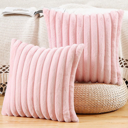 MADIZZ Set of 2 Faux Wool Plush Decorative Throw Pillow Covers 16x16 Inch Pink Fluffy Striped Soft Decorative Cushion Cover for Sofa Bedroom Pillow Shell