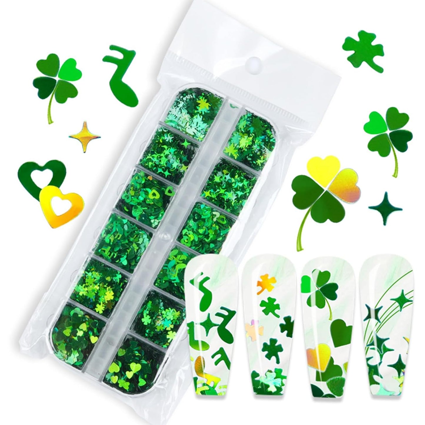 St.Patrick's Day Nail Art Glitter Sequins 3D Holographic Laser Green Hearts Stars Leaves Clovers Musical Nail Acrylic Stickers Spring Shiny Flakes Nail Supplies for Women Girls Nail Decoration 12Grids