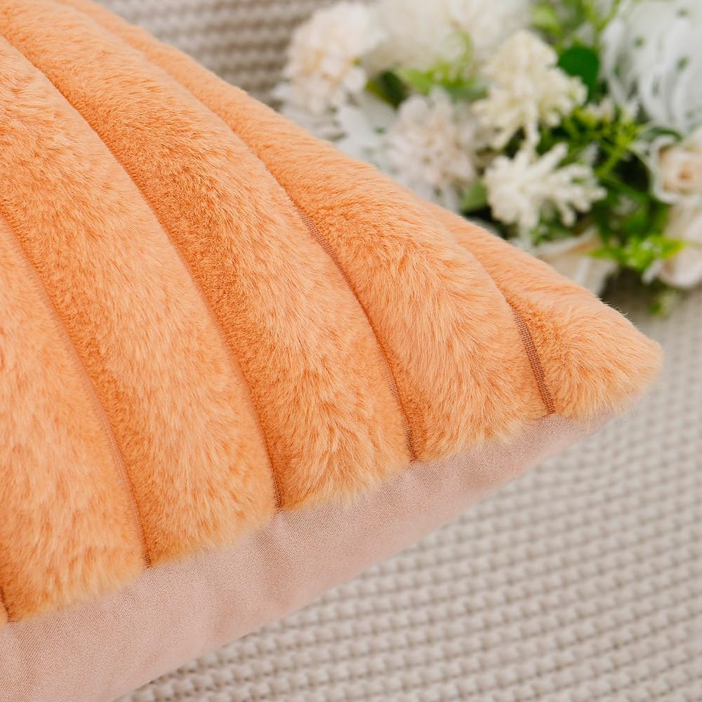 MADIZZ Set of 2 Faux Wool Plush Decorative Throw Pillow Covers 18x18 Inch Orange Fluffy Striped Soft Decorative Cushion Cover for Sofa Bedroom Pillow Shell