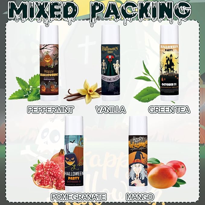 Dunzy 50 Pcs Halloween Lip Balm Bulk Spooky Lip Balm Gifts Bulk Vintage Halloween Wedding Favors Halloween Stuffers for Adults Halloween Party Supplies for Baby Shower, 10 Style, 5 Fruit Flavors