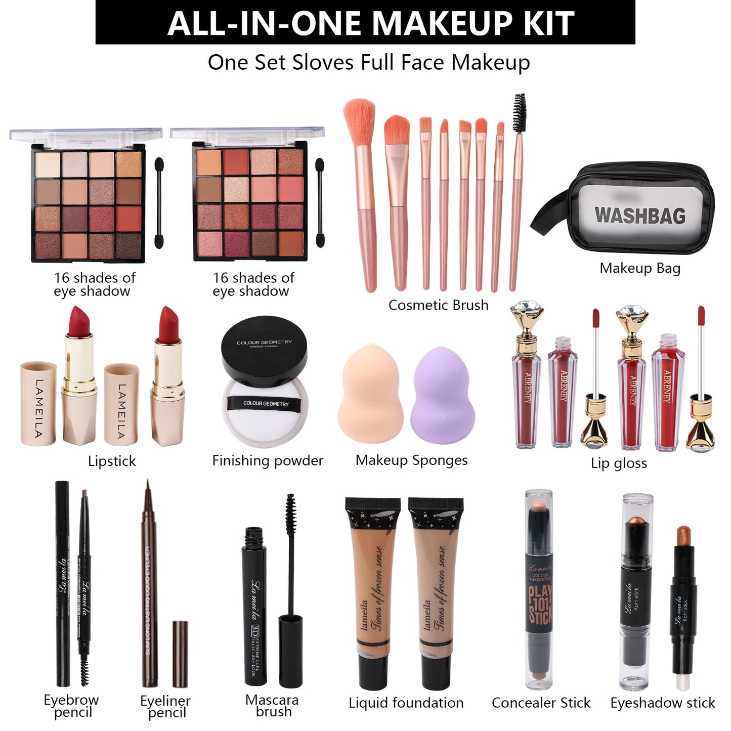 All in One Makeup Kit For Women Girls Teens 2x16 Colors Eyeshadow Palette Liquid Foundation Eyeliner Pencils Contouring Stick Lip Gloss Eyebrow Pencils Mascara Powder Puff Makeup Brushes Makeup sets