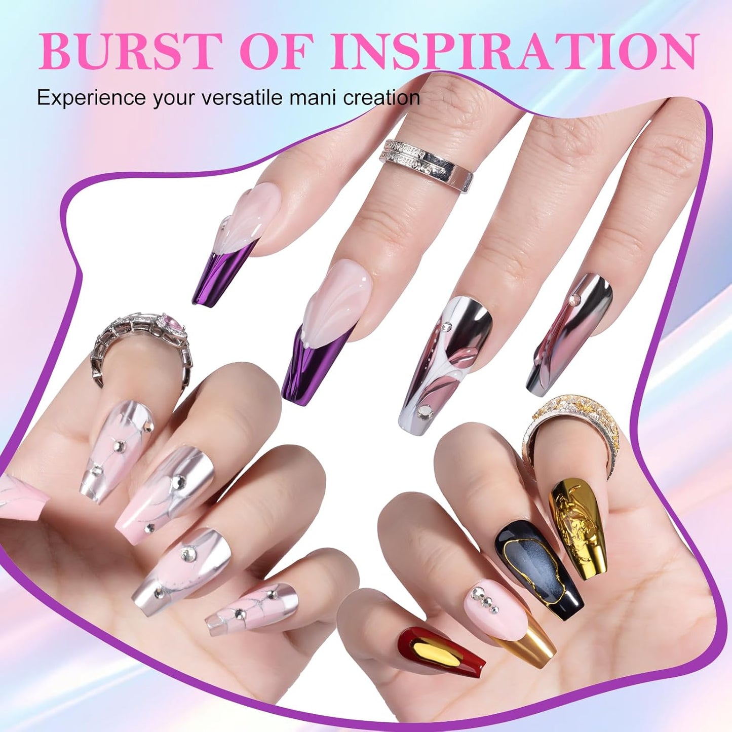 NXJ INFILILA Gold Silver Chrome Nail Powder, Metallic Mirror Pigment Glitter Effect 4 Colors Holographic Rose Gold Pink Chrome Powder for Gel Nails, Manicure Nail Art Decoration Gift for Women