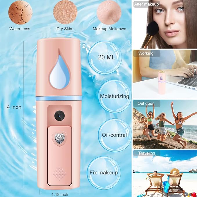 Nano Facial Mister Portable Mist Sprayer with Mirror Mini Cool Mist Spray for Skin Care & Facial Body Moisturized & Eyelash Extensions, USB Rechargeable (Pink)