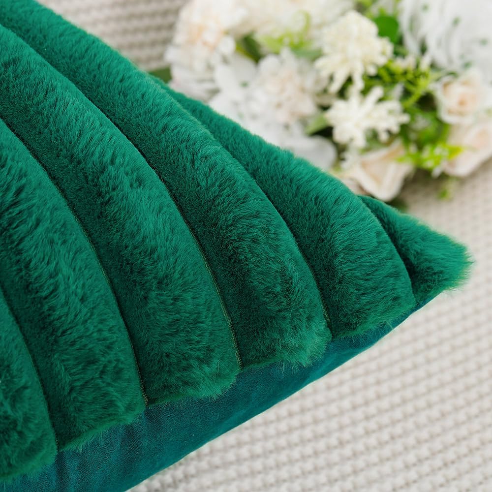 MADIZZ Set of 2 Faux Wool Plush Decorative Throw Pillow Covers 20x20 Inch Green Fluffy Striped Soft Decorative Cushion Cover for Sofa Bedroom Pillow Shell