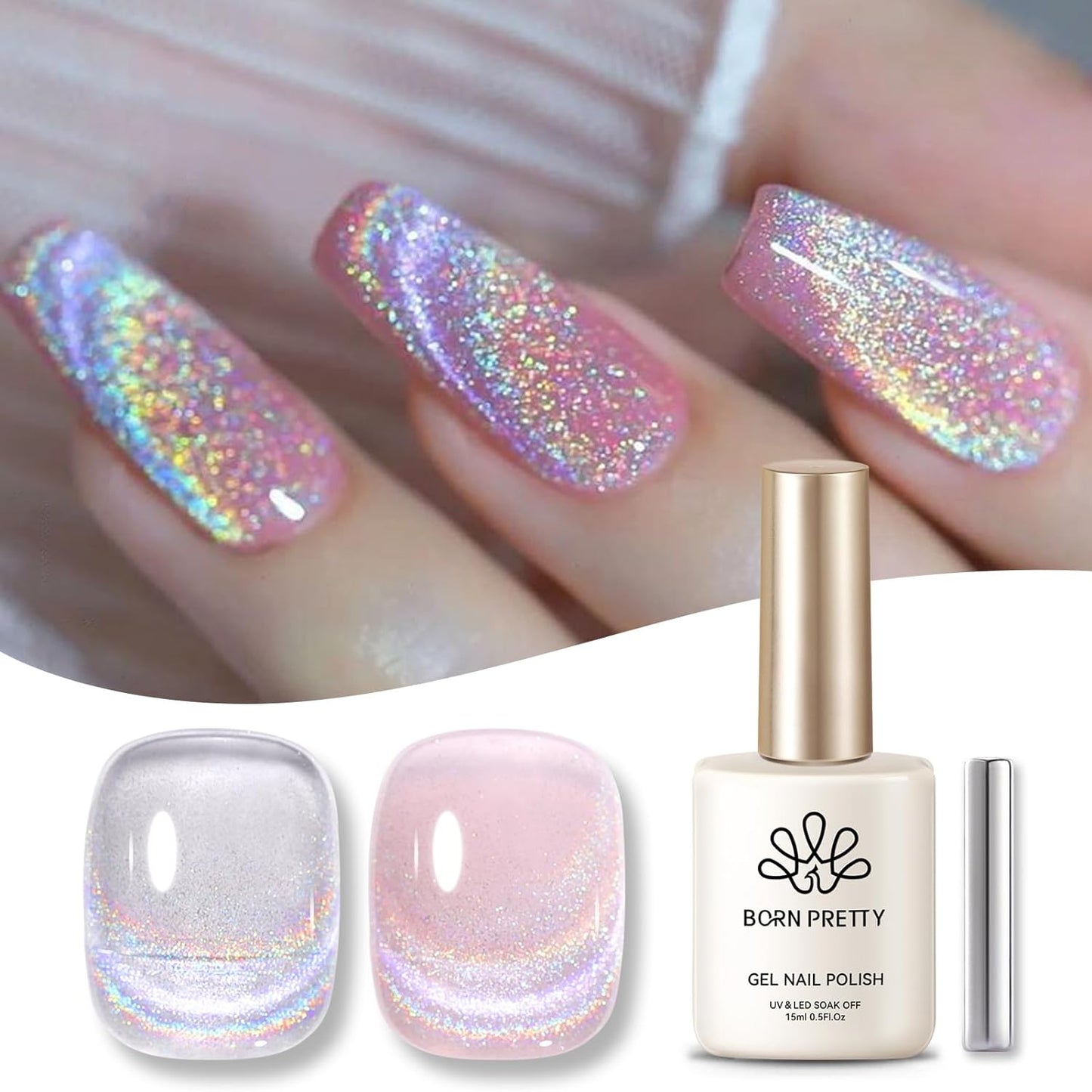 Born Pretty Magnetic Gel Nail Polish Silver Holographic Cat Magnetic Eye Gel Polish Nail Gel Soak Off Nail Art Salon Manicure Collection Gift