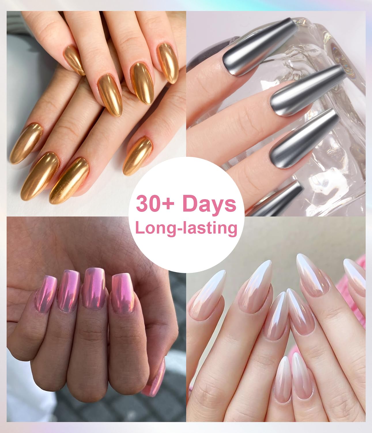 Gold Chrome Nail Powder 24K Mirror Effect BISHENGYF - Pink Gold Nail Chrome Powder Aurora Mermaid Mirror Effect Powder, White Pearl Iridescent Holographic Metallic Pigment Dust for Nail Art Decoration