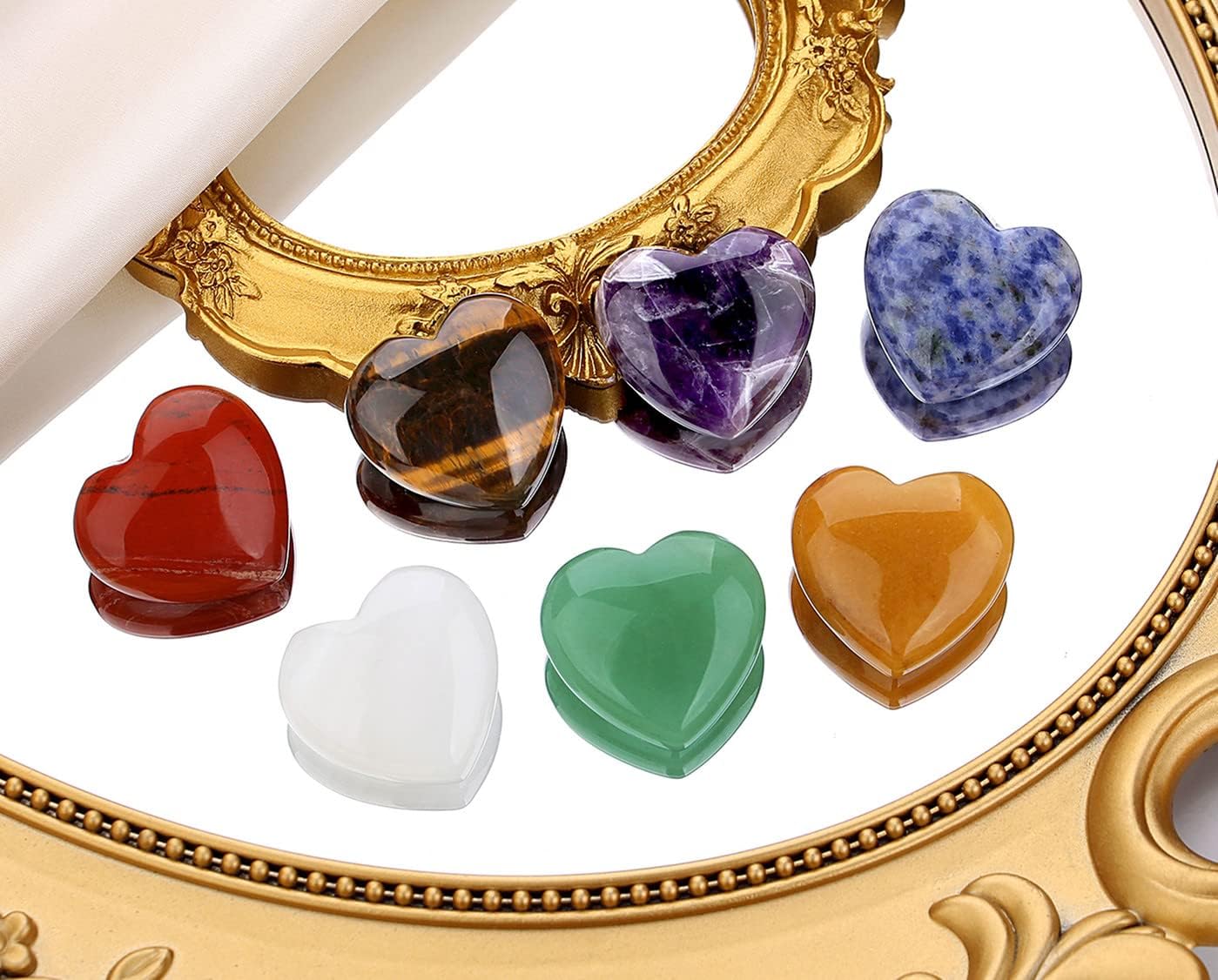 QINJIEJIE 7Pcs 7 Chakras 1.2" Heart Crystal Large Stone Rose Quartz Healing Crystals Love Polished Thumb Natural Palm Assorted Gemstones Reiki Energy Balancing Meditation Gift