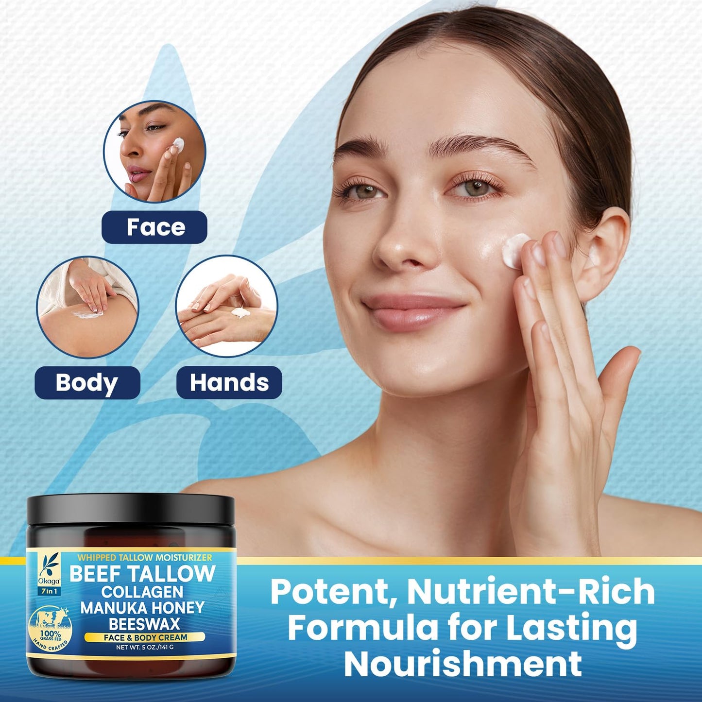 Organic Beef Tallow for Skin, Organic Grass-Fed Beef Tallow Balm with Manuka Honey, Aloe Vera, Jojoba Oil, Collagen & Beeswax, Olive Oil, Moisturizer for Dry Skin, Nourishes Face, Body & Lips (3 Pack)