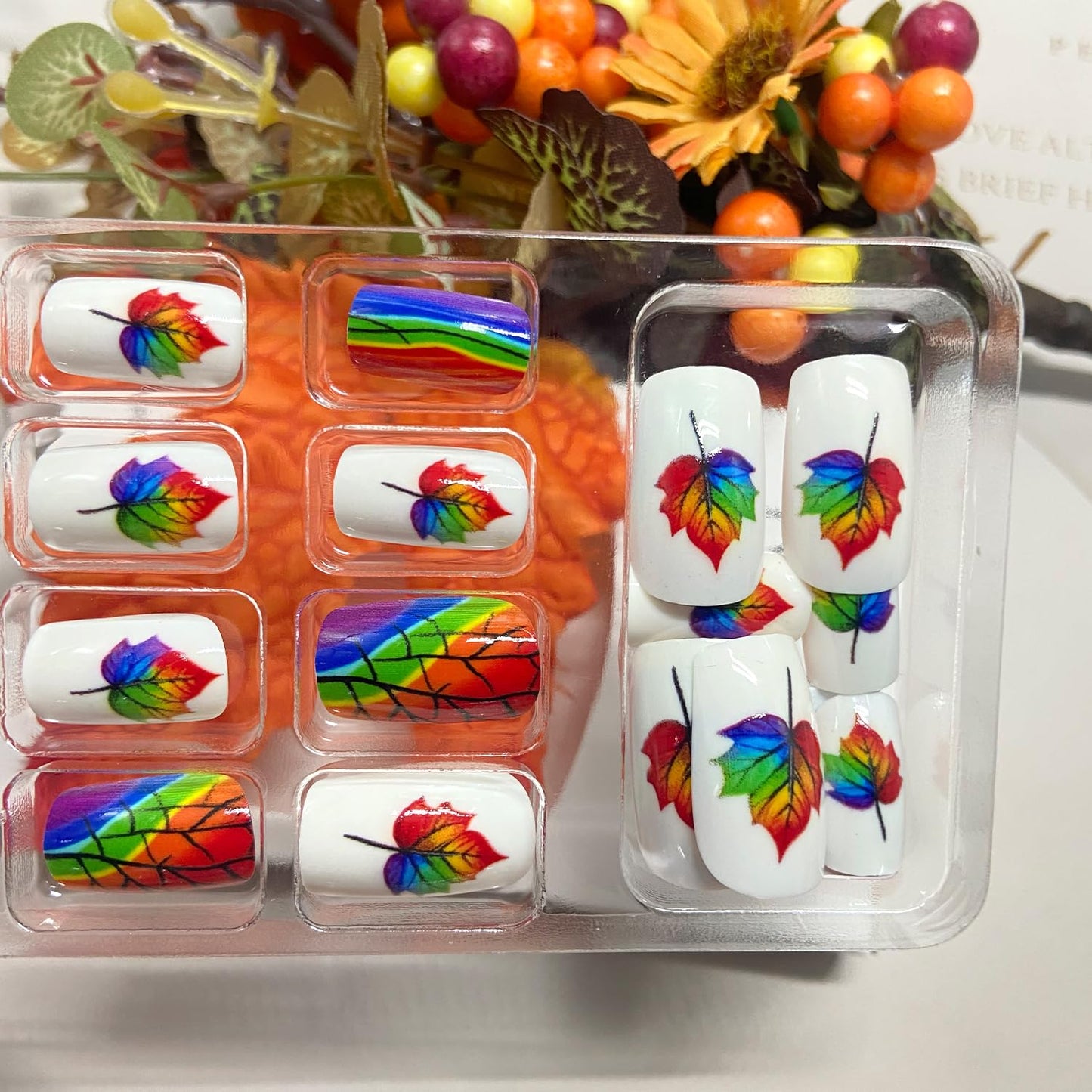 Rainbow Maple Leaf Press on Nails Fall Medium Square Fake Nails Glossy Thanksgiving Acrylic Glue on Nail Autumn Maple Leaves Artificial Stick on Nail for Women DIY Manicure