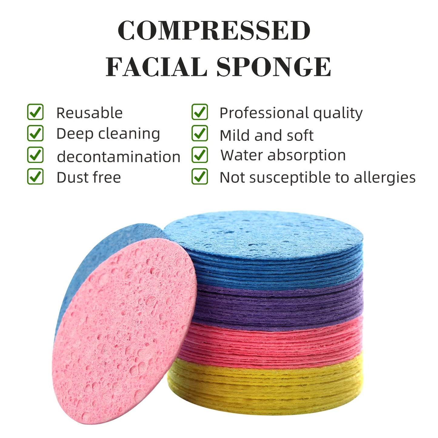 100-Count Facial Sponges - Natural Cellulose, Round Shape - Face Cleansing, Exfoliating, Makeup Removal - Blue, Yellow, Purple, Pink