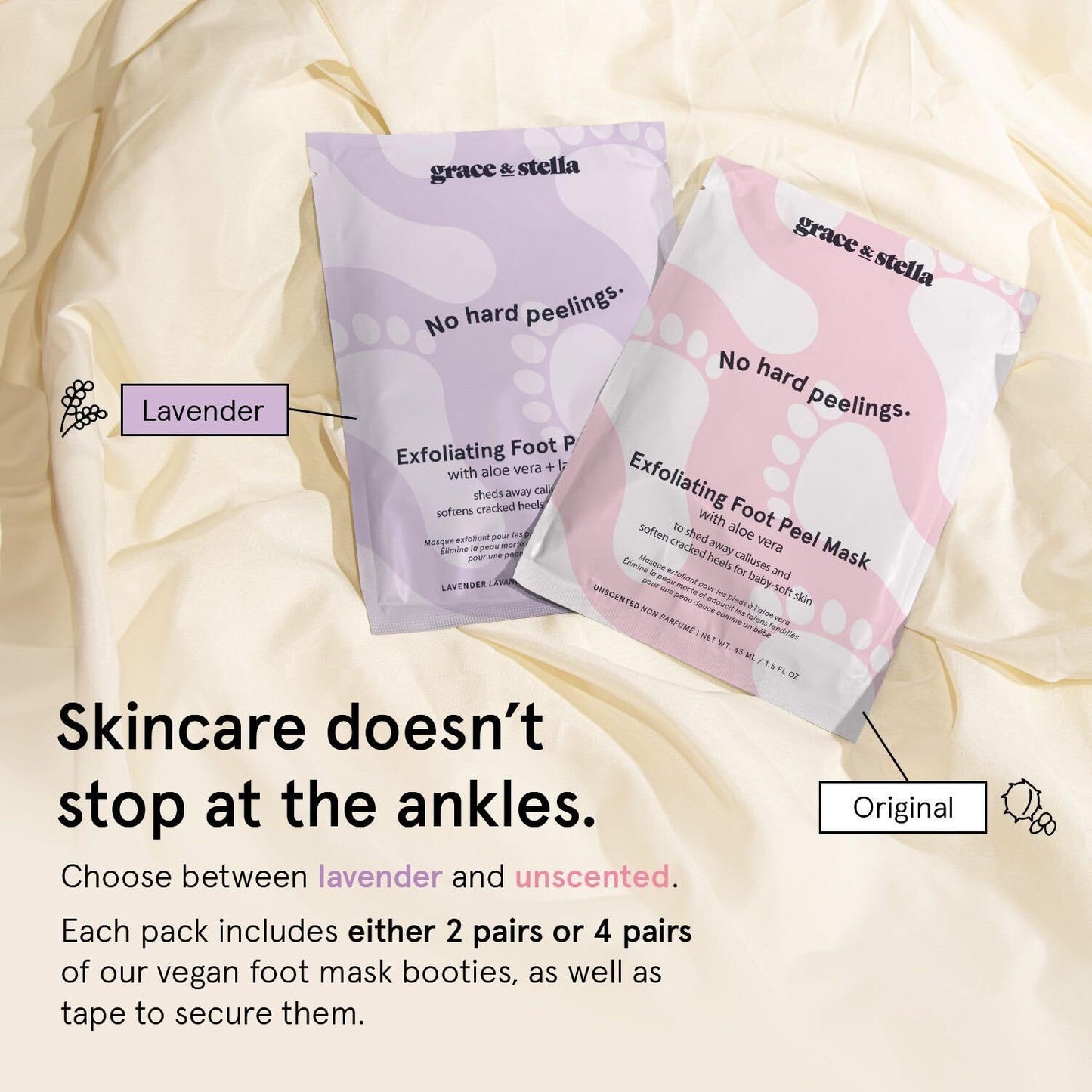 grace & stella Award-Winning Foot Peel Mask - Foot Peeling Mask with Aloe Vera - Moisturizing Foot Mask for Dry Cracked Feet - Foot Exfoliator for Baby Soft Feet (4 Pairs, Lavender)