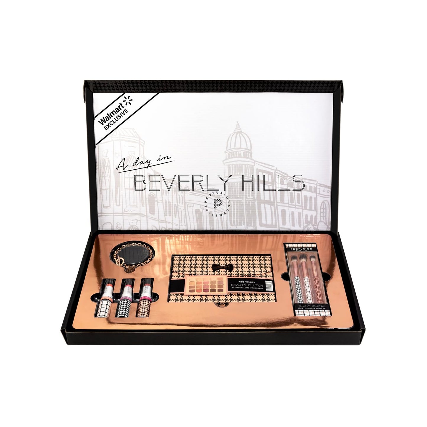 Profusion Cosmetics Beverly Hills PR Box, Includes Beauty Clutch 20 Shade Palette with Mirror, 3 Pc Eyeshadow Brush Set, and Lip Balm Trio to Enhance Your Beauty Routine