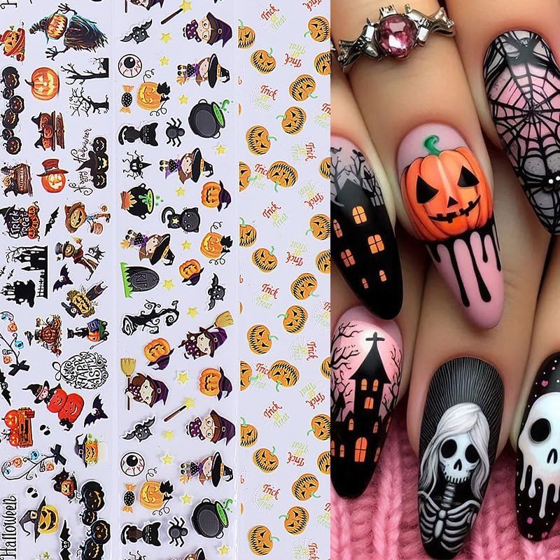 Halloween Nail Foil Transfer Stickers 10 Rolls Orange Pumpkins Skull Nails Stickers Funny Black Hat Nail Foils 1 Box Colorful Starry Sky Paper Nail Decals Halloween Nails Art Sticker Nails Art Decals