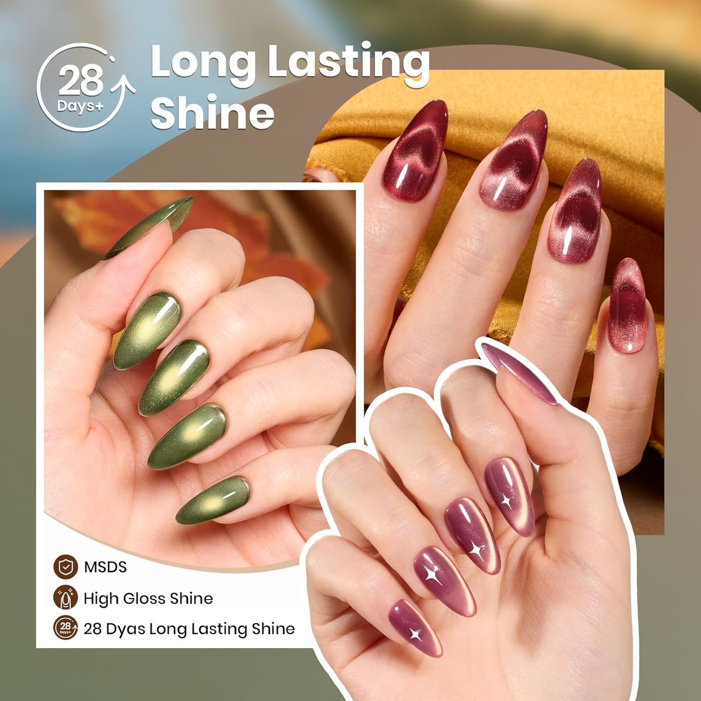 beetles Gel Polish Golden Mirage Cat Eye Gel Nail Polish Set - 6 Colors Pink Red Brown Green Blue Glitter Fall Gel Nail Kit, Magnetic Shine Soak Off UV Gel for Salon DIY Manicure Gift for Women