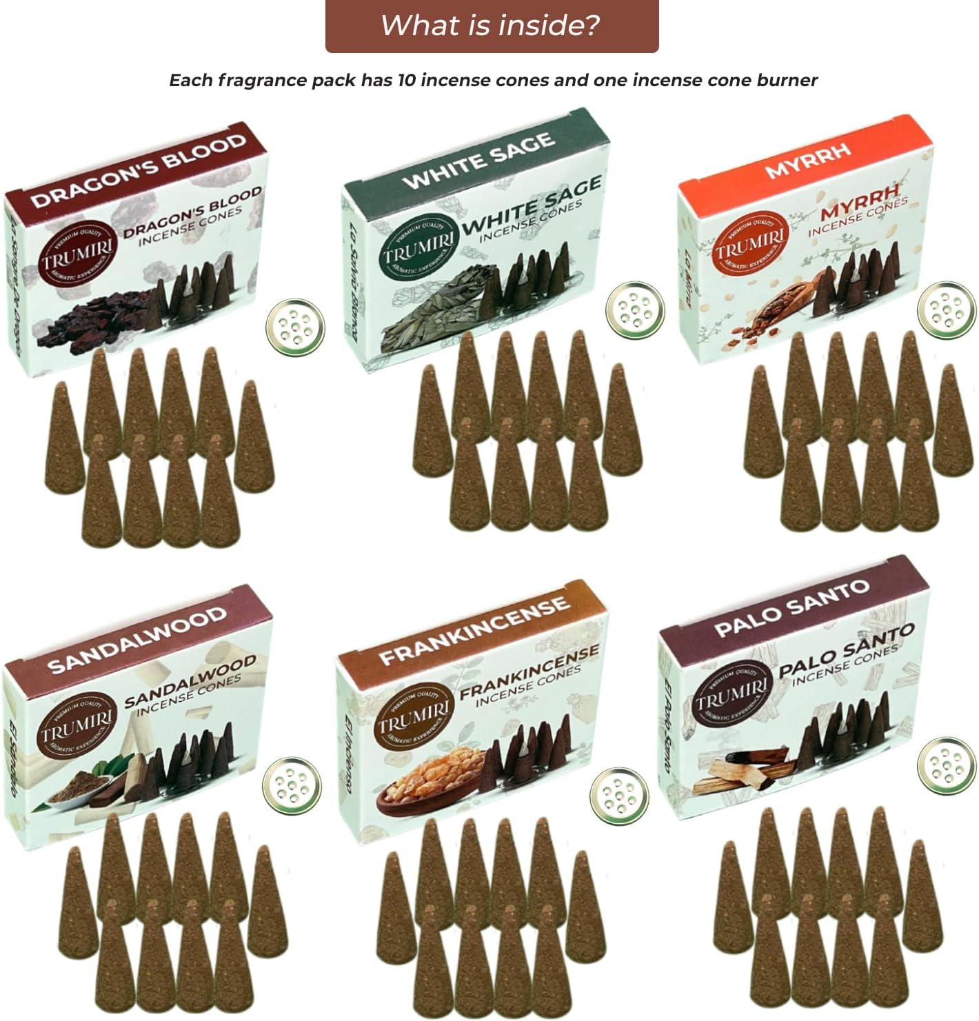Trumiri Woody Incense Cones - Variety Pack - Total 60 Cone Incense (6 Scents x 10 Conos) - White Sage, Palo Santo, Dragons Blood, Sandalwood - Inscents-Cones Scented - Insense Cones - Incent Cone