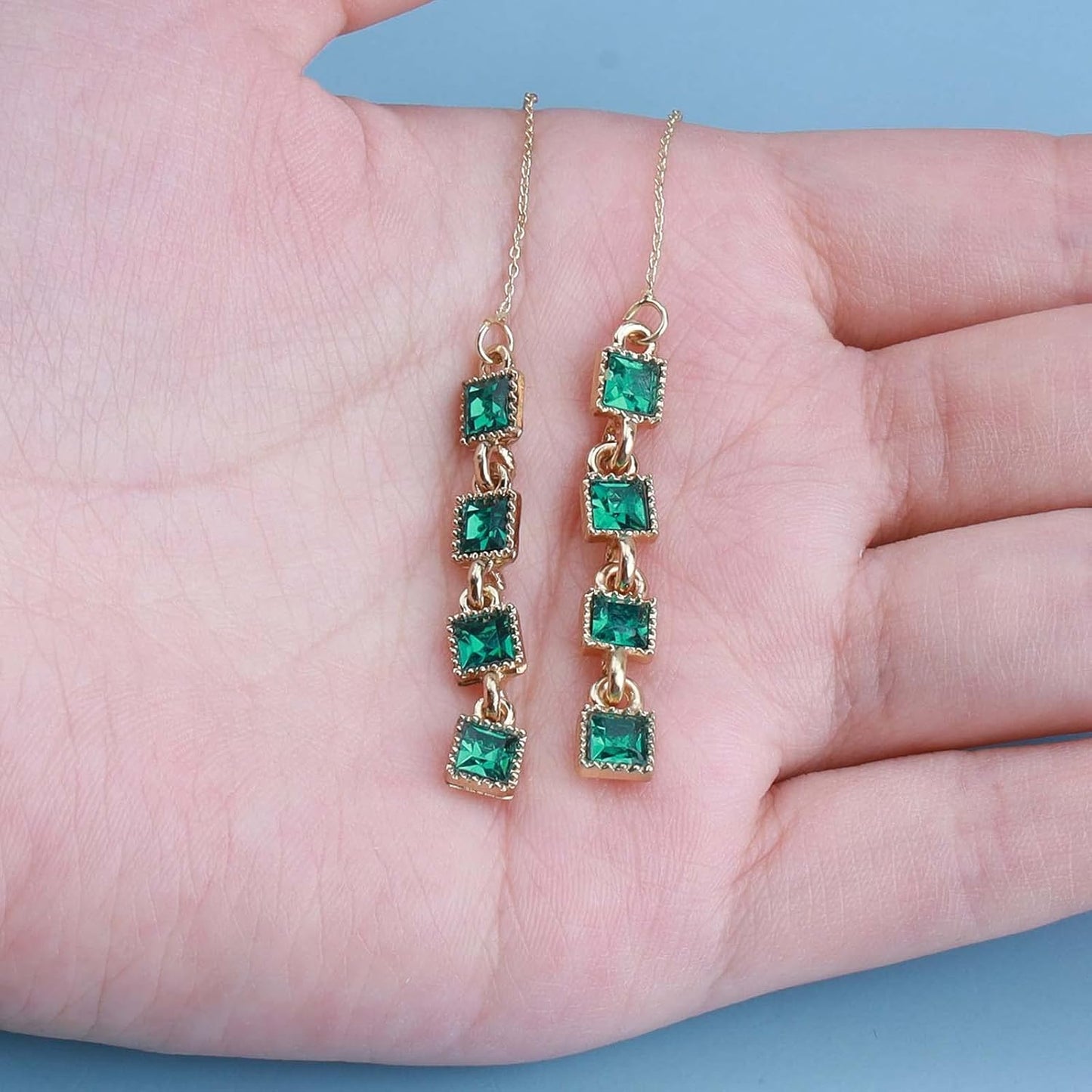 Vintage Emerald Crystal Threader Earrings Green Gem Drop Earrings Emerald Cz Square Earrings Gold Long Emerald Chain Earrings Jewelry for Women