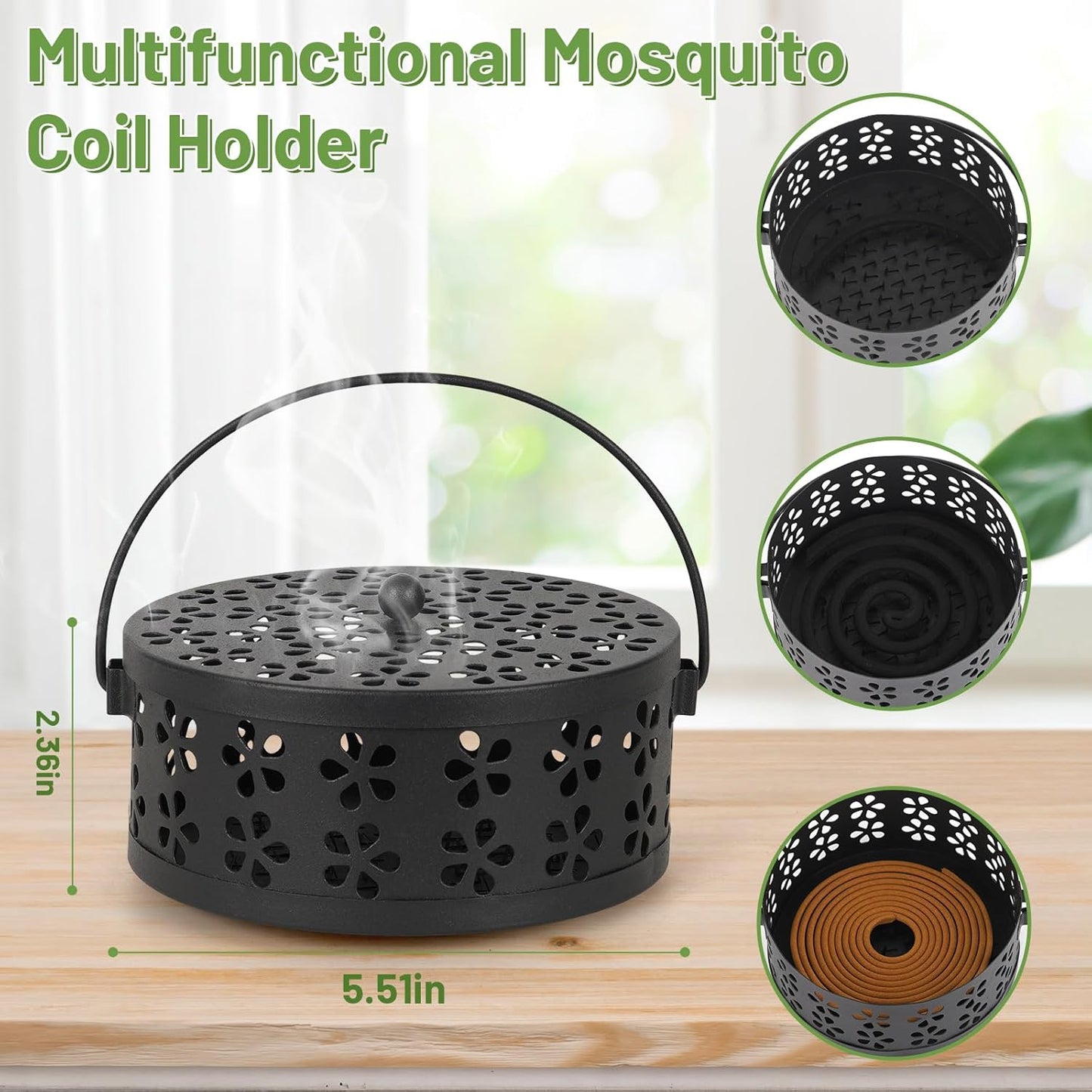 Portable Iron Mosquito Coil Holder with Handle Round Heat-Resistant Incense Holder (2 Pack Black)