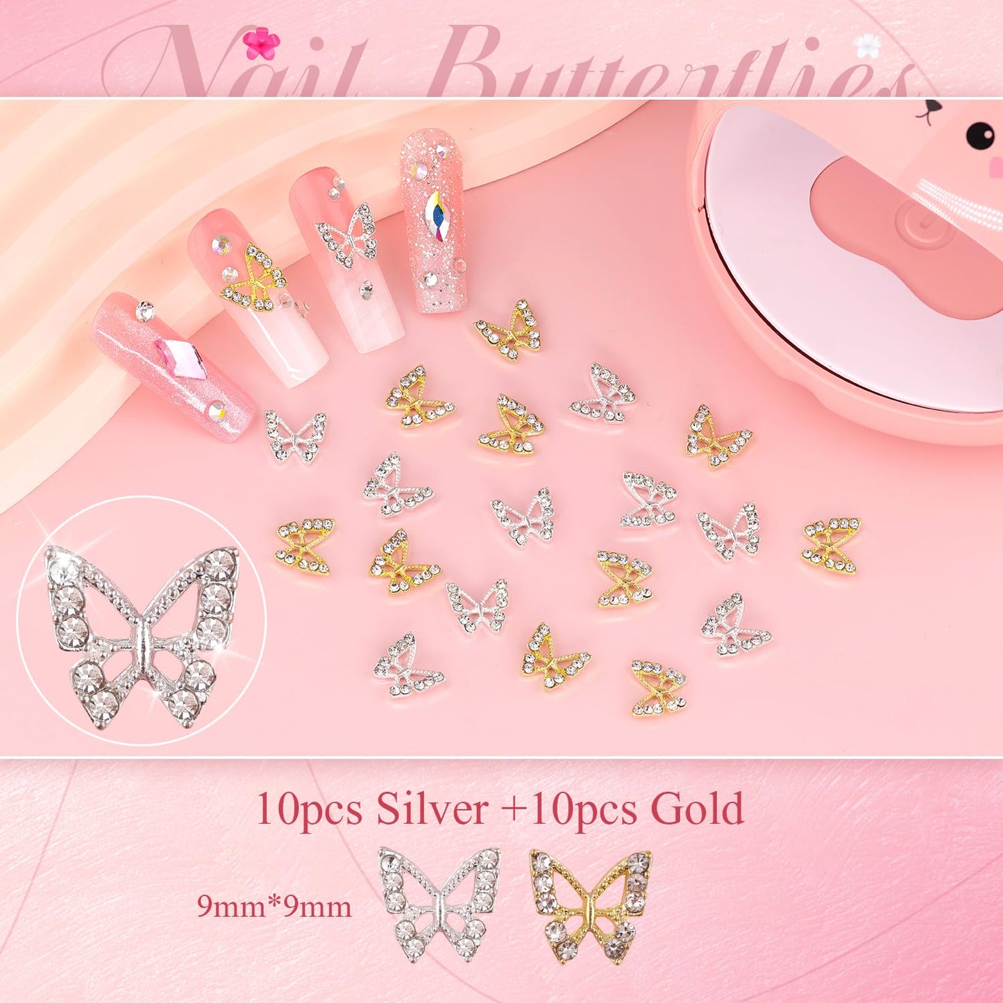 3D Nail Charms and Gems Set 4 with Rhinestone Glue, 20PCS Gold and Silver Chunky Butterfly Nail Charms, 3D Flowers for Nails, Crystal and Pearls + Metal Caviar Beads + Picker Tool for Y2K Nail Decor