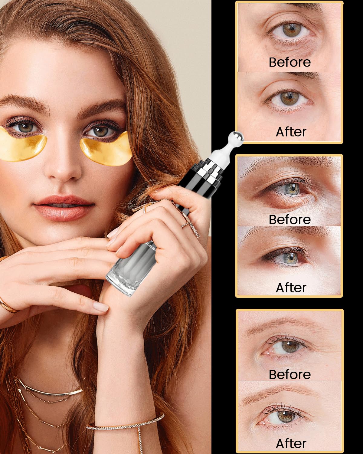 Caffeine Eye Cream and 24K Gold Eye Mask (20 pcs): Under Eye Serum for Dark Circles and Puffiness Eye Care Eye Serum Anti Aging with 360° Massage Ball Reduce Eye Bags, Wrinkles and Fine Lines