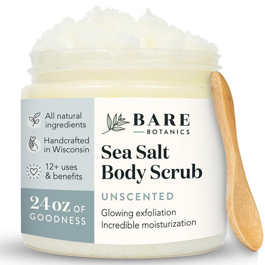 Bare Botanics Unscented Body Scrub 24 oz - Naturally Scented Sea Salt Scrub Made in Madison, WI - Formulated w/Skin Loving Moisturizers - Vegan, Cruelty Free Exfoliator w/a Cute Wooden Spoon
