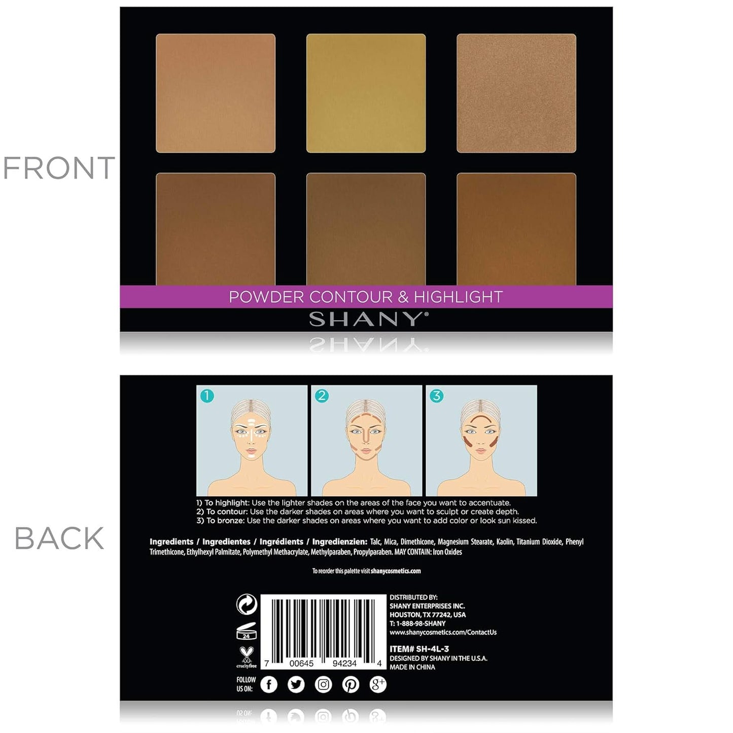 SHANY Powder Contour & Highlight Makeup Palette with Mirror - 6 Color Contour Palette - CONTOUR