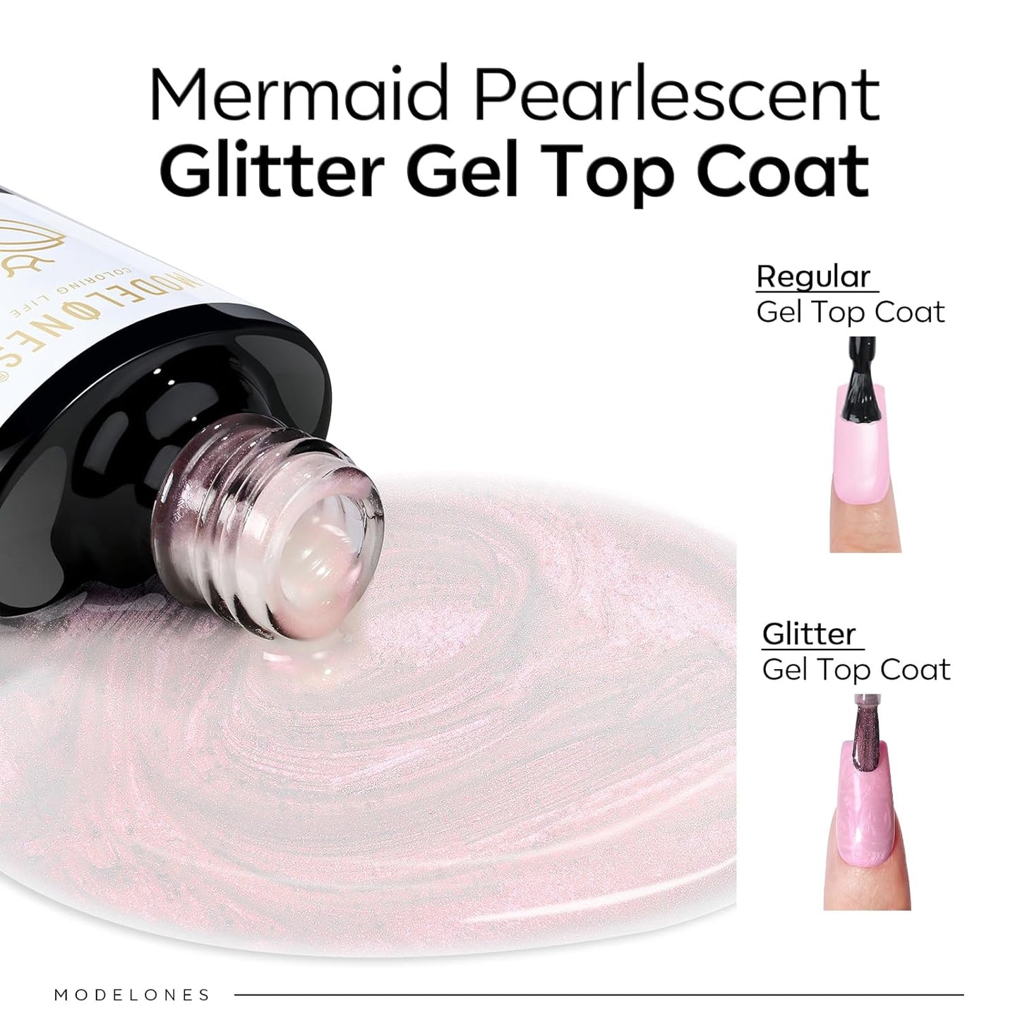 modelones Pearl Gel Nail Polish Top Coat, 2-in-one Clear Pearlescent Glitter Glossy Sparkle Finish Long Lasting Soak Off Mermaid Shimmer Manicure Nail Art Home Salon DIY 10 ML