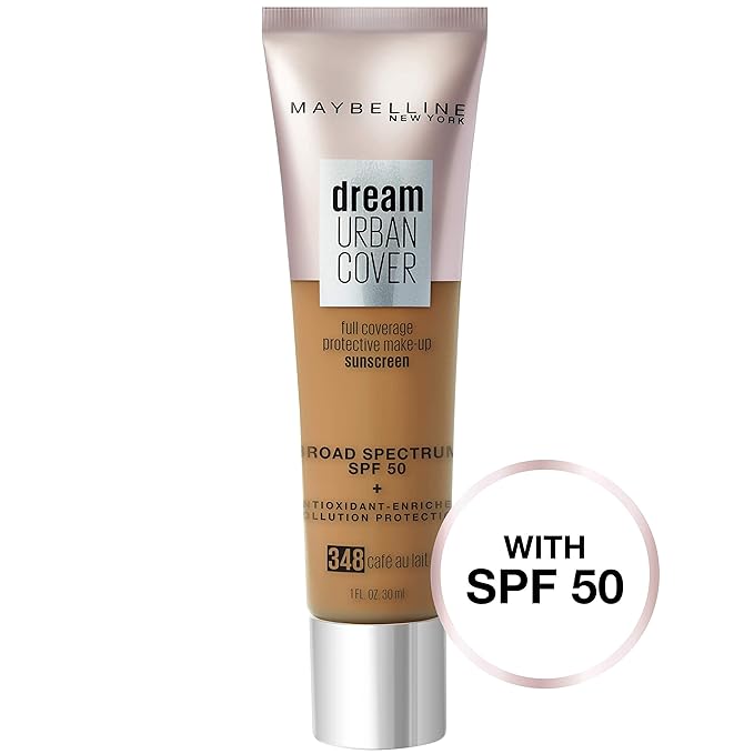 Maybelline Dream Urban Cover Flawless Coverage Foundation Makeup, SPF 50, Cafe Au Lait