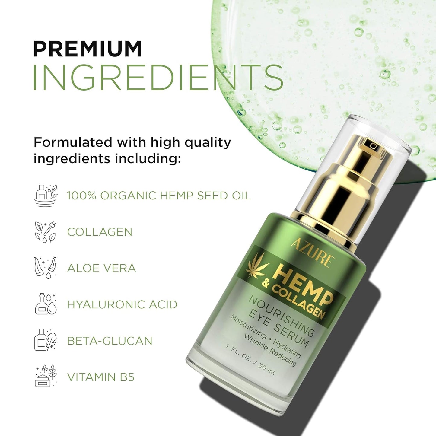 AZURE Hemp & Collagen Nourishing Eye Serum - Moisturizing, Firming & Toning | Reduces Wrinkles, Fine Lines & Under Eye Bags | Restores Tired, Dehydrated Skin | Made in Korea - 30mL / 1 fl.oz.