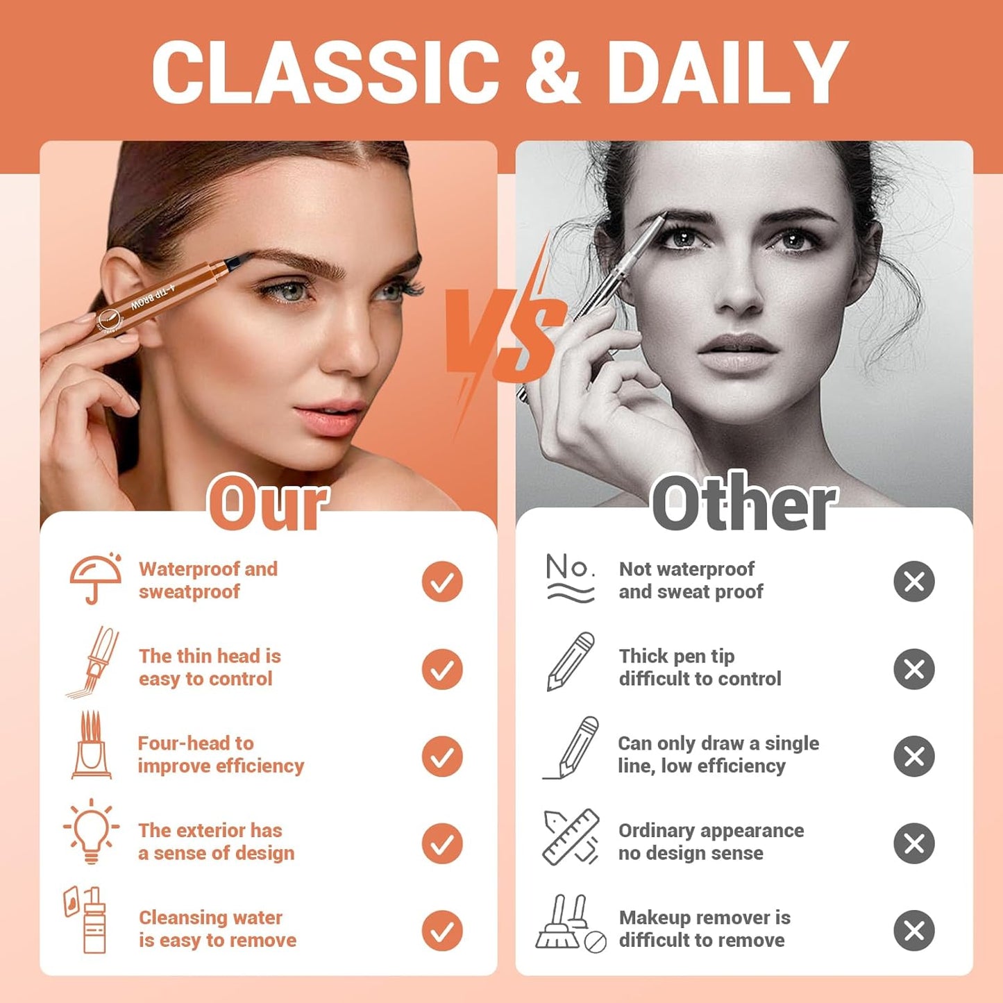 2025 New Magic Eyebrow Pencil, 3D Waterproof 4 Tipped Precise Brow Pen Microblading Eyebrow Pencil Contouring Pen Fine Stroke Microblading Creates Natural (Black)