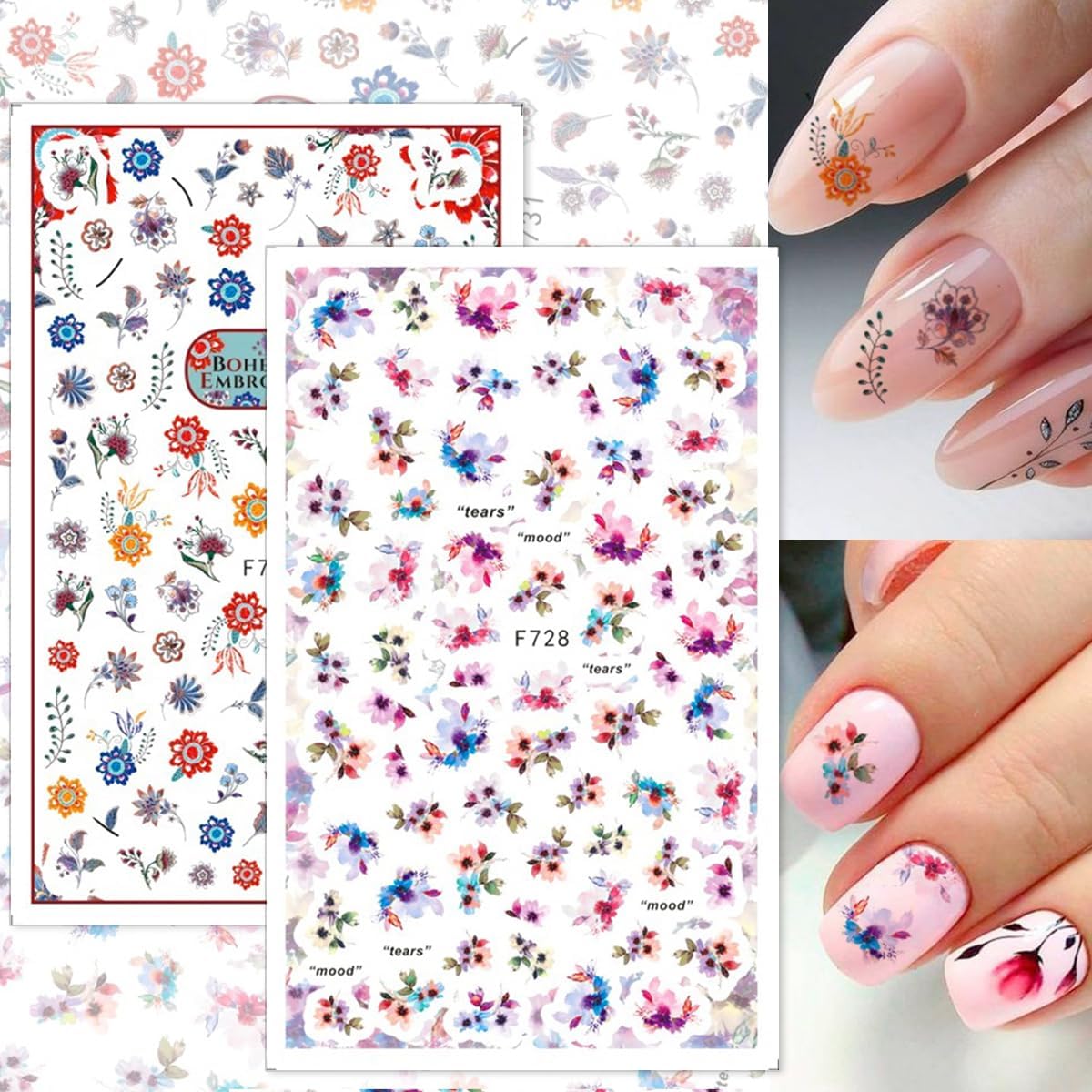 Flower Nail Art Stickers Decals 8 Sheets 3D Flowers Self Adhesive Nail Design Stickers Summer Green Blue Purple Floral Leaf Nail Decals for Women Girls DIY Flowers Nail Decoration Charms