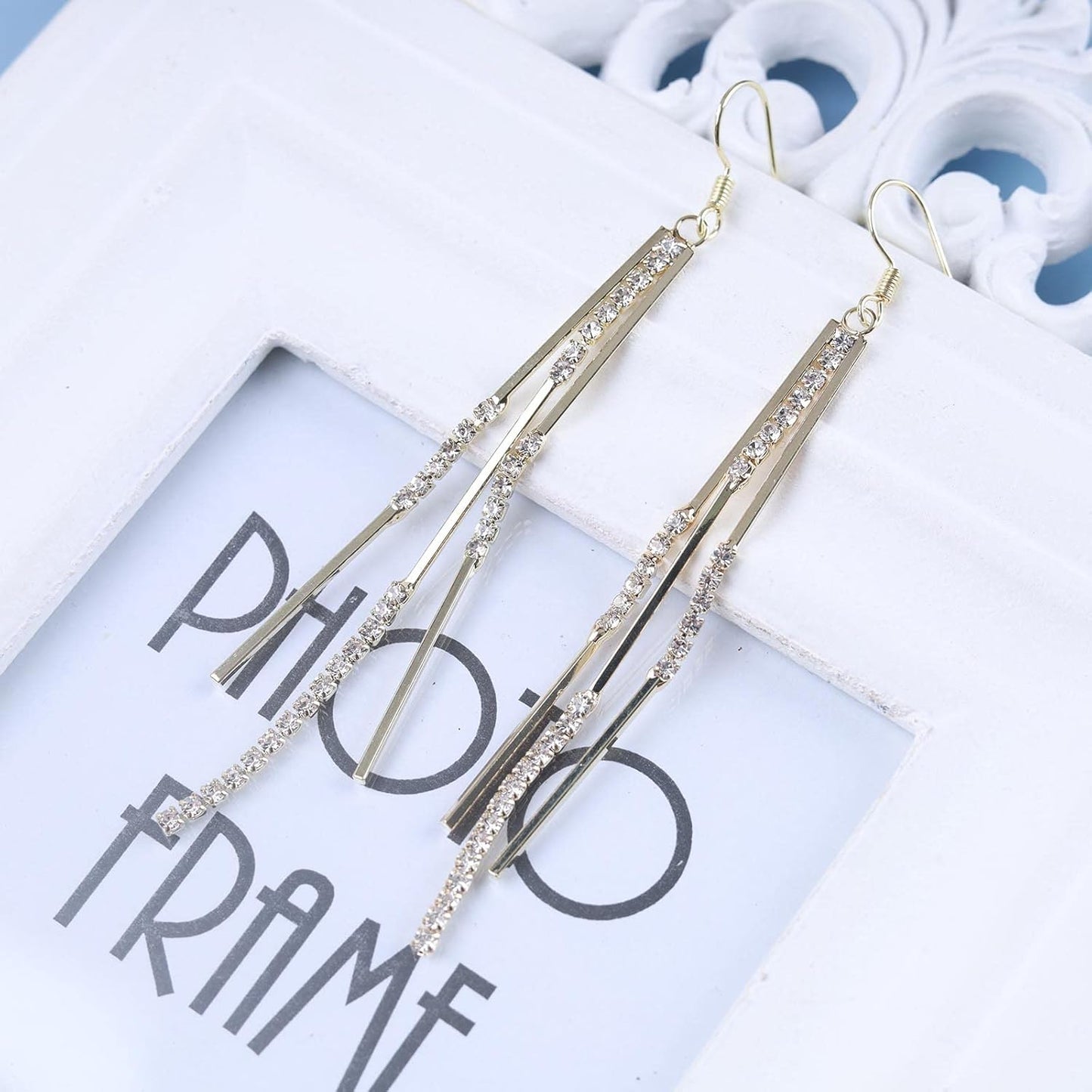 Vintage Crystal Tassel Earrings Rhinestone Bar Drop Earrings Long Rhinestone Chain Earrings Gold Cz Bar Hook Earrings Sparkle Tennis Chain Earrings Jewelry for Women