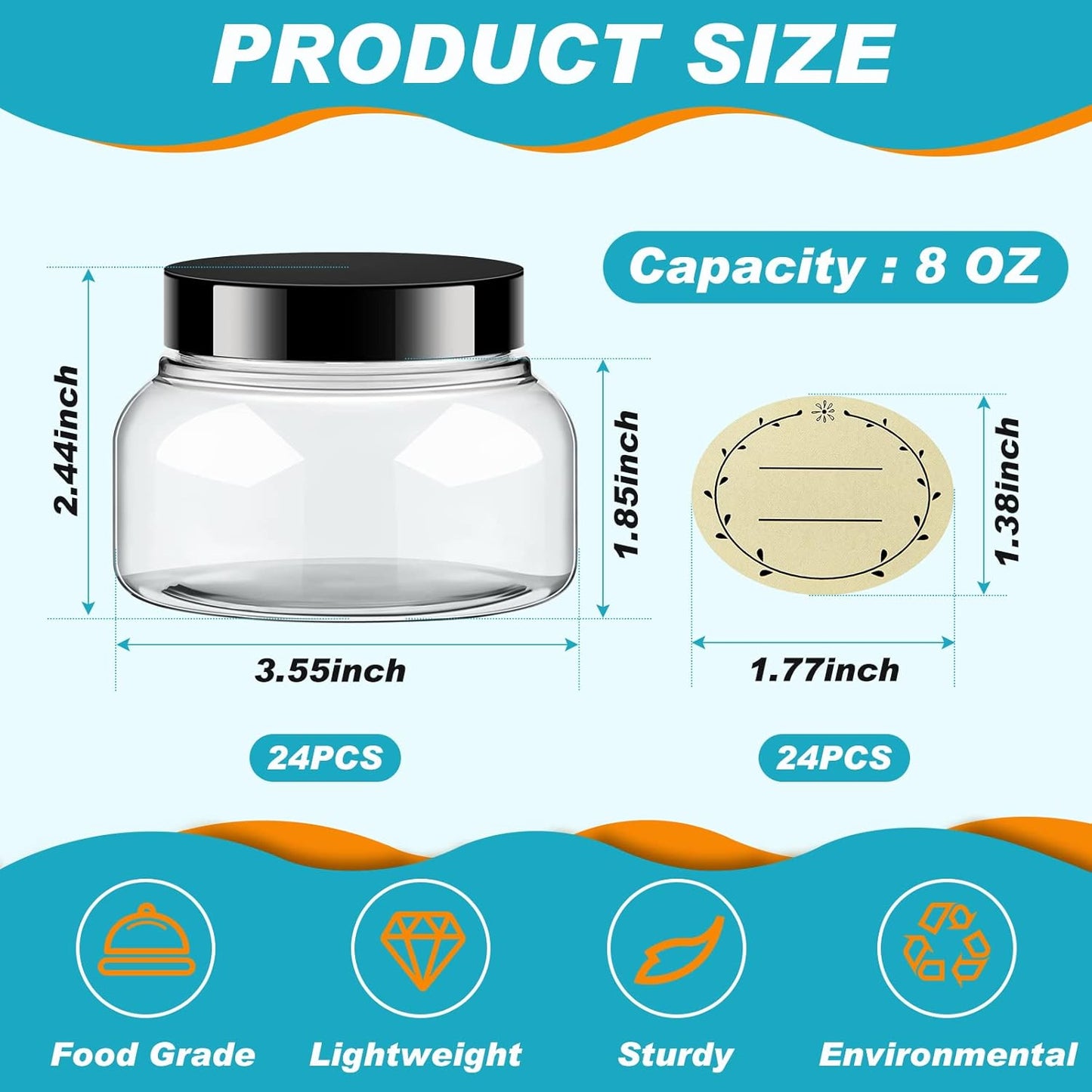 Tessco 24 Pack Plastic Jars with Lids Labels Empty Clear Plastic Jars Round Refillable Cosmetic Containers Body Butter Containers Bulk Sugar Scrub Bottle for Make Up (8 oz,Clear, Black)
