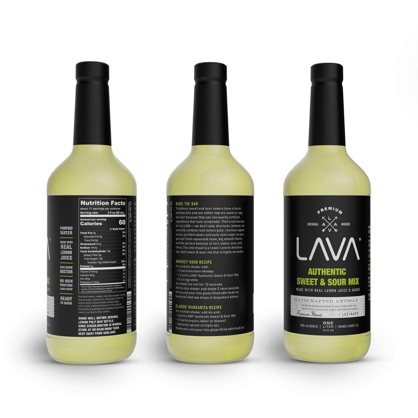 LAVA Premium Authentic Sweet & Sour Mix, Made with Real Lemon Juice, Lime Juice, Raw Blue Agave, No Artificial Sweeteners. Whiskey Sour, Long Island Iced Tea, Lemon Drop. 33.8oz Glass Bottle