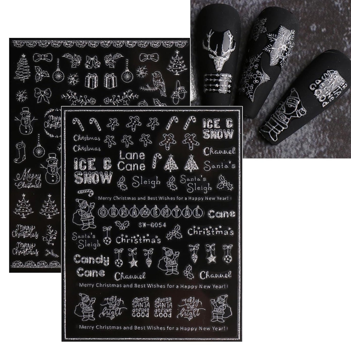 JMEOWIO 9 Sheets Christmas Glitter Nail Art Stickers Decals Self-Adhesive Snowflake Winter Holiday Silver Nail Supplies Nail Art Design Decoration Accessories