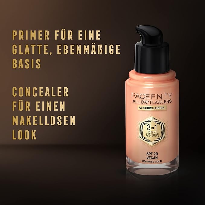 Max Factor Facefinity 3-in-1 All Day Flawless Liquid Foundation, SPF 20-64 Rose Gold, 30 ml